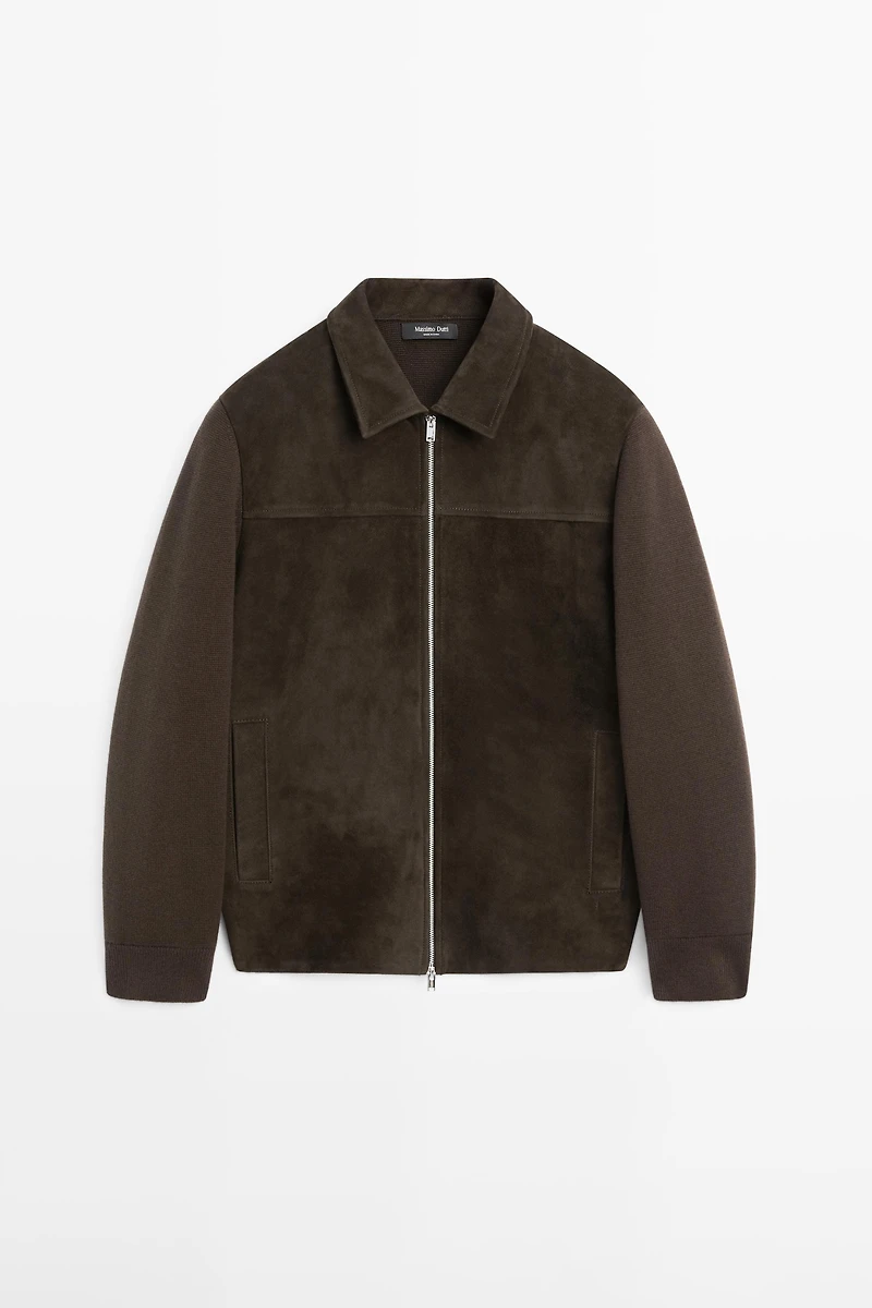 Contrast cotton and leather jacket