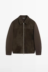 Contrast cotton and leather jacket