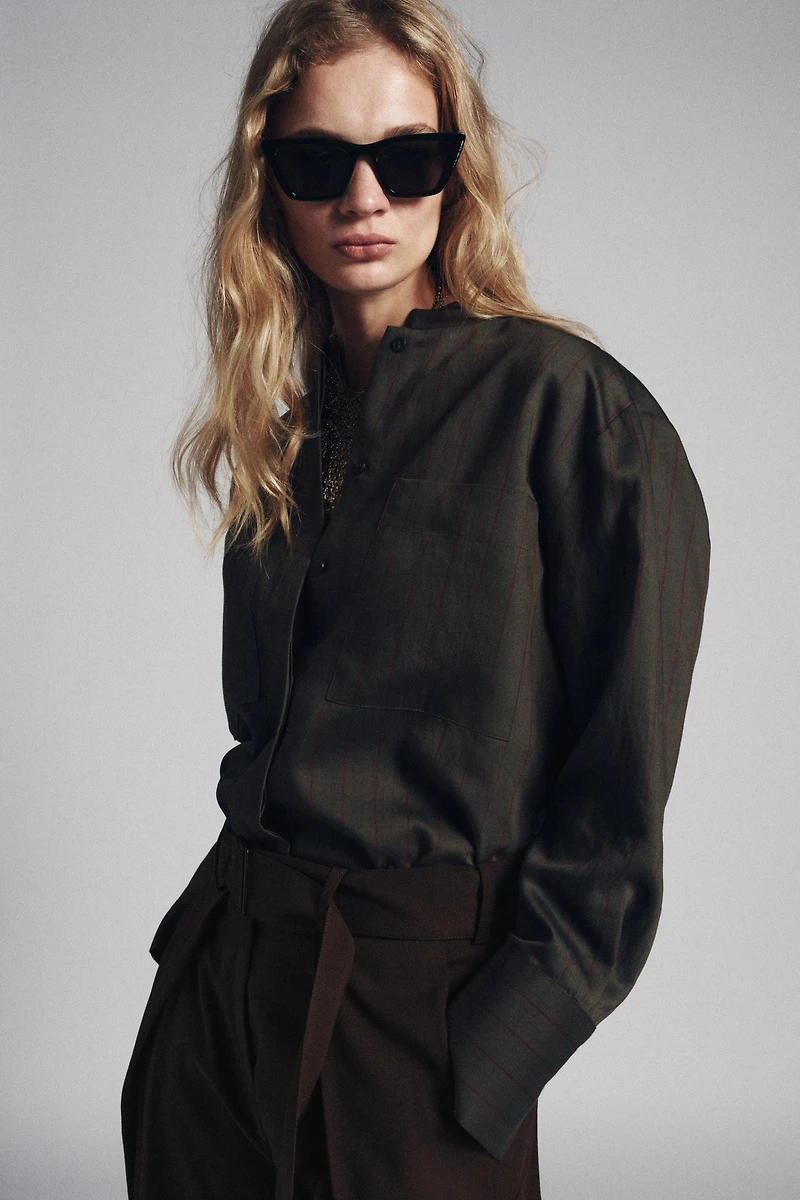 ZW COLLECTION STRIPED MANDARIN COLLAR SHIRT