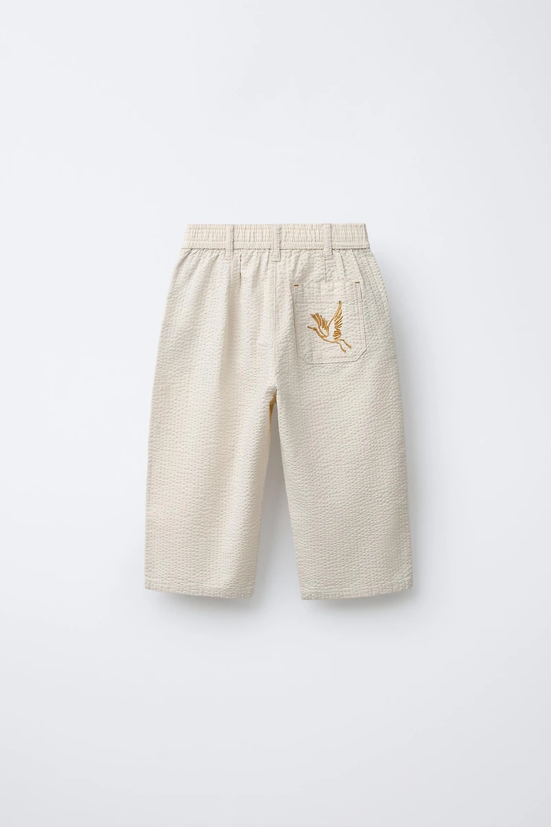 EMBROIDERED BIRD SEERSUCKER PANTS