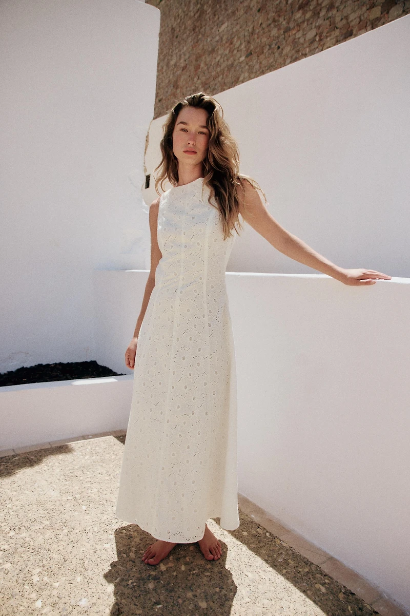 EMBROIDERED EYELET MIDI DRESS