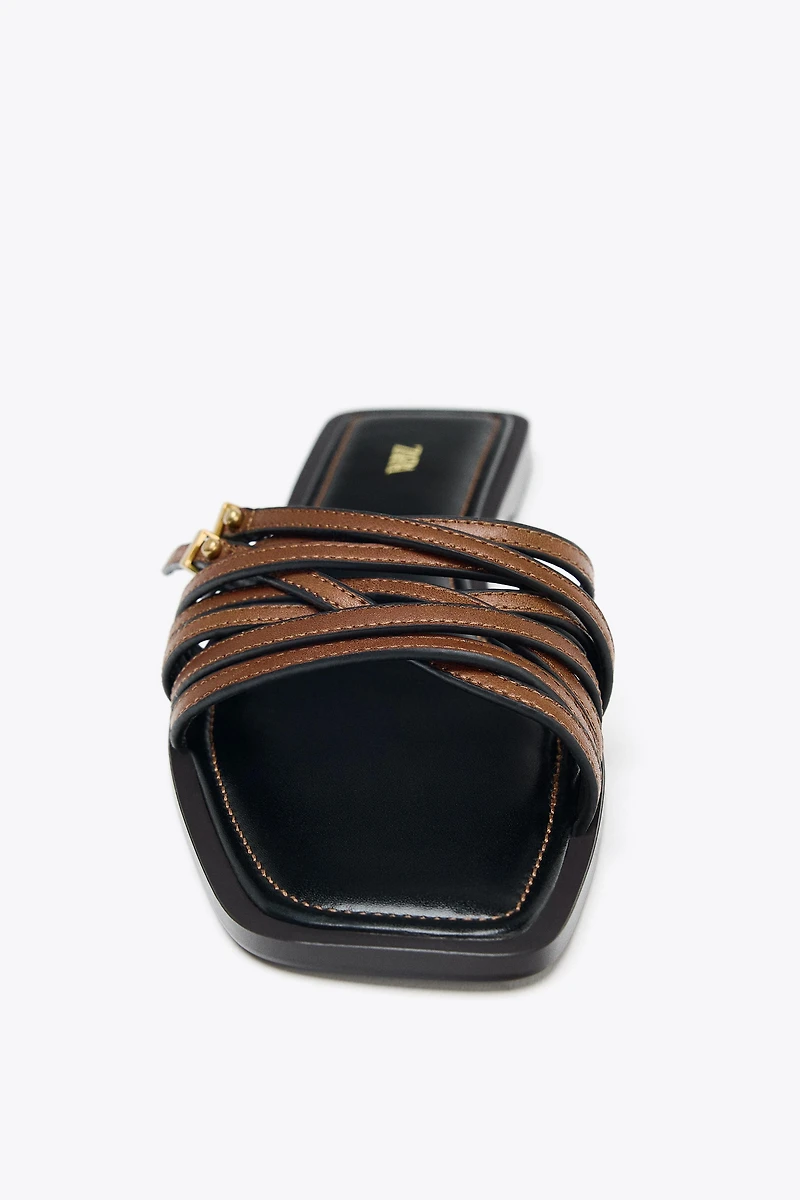 LEATHER STRAPPY SLIDE SANDALS