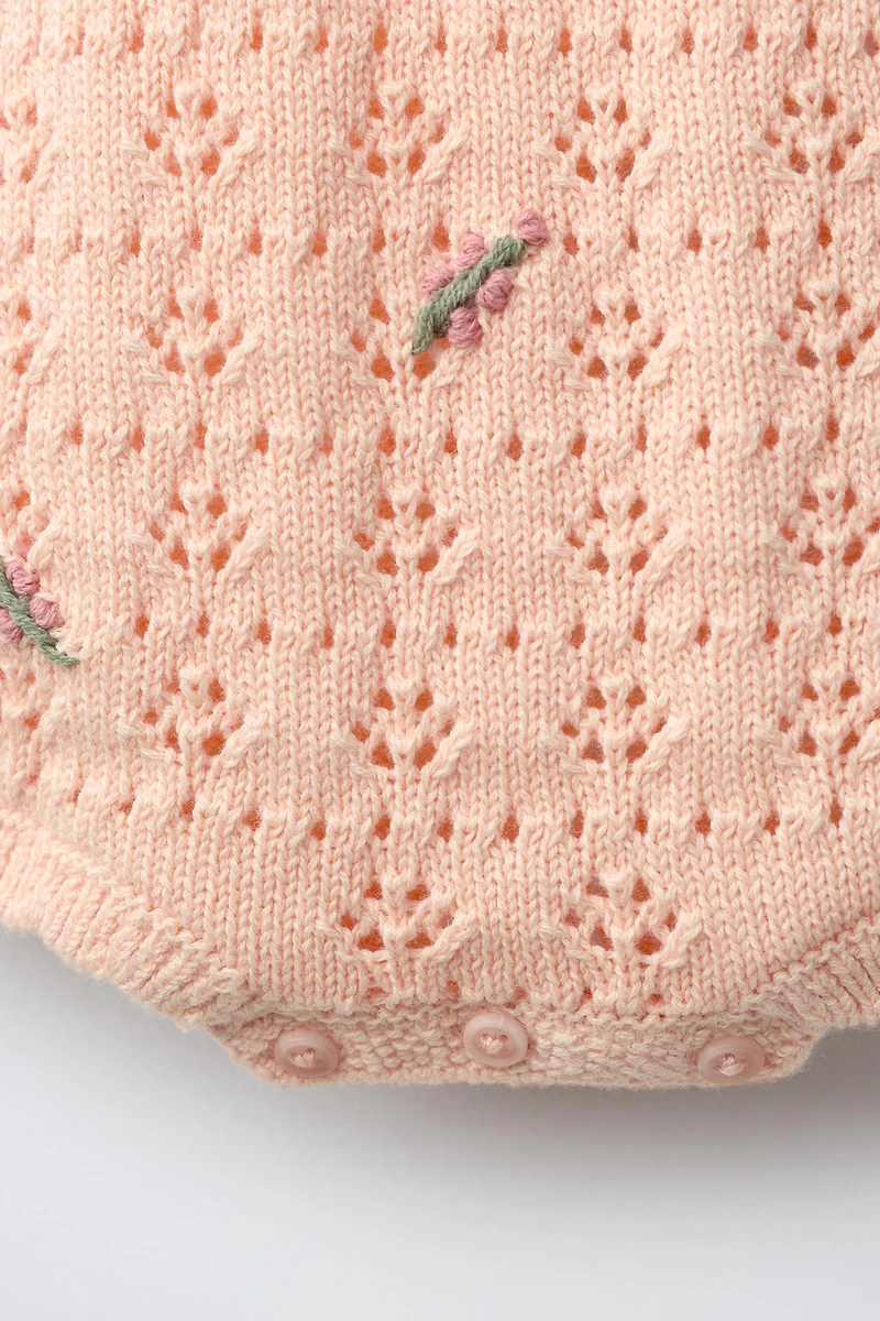 EMBROIDERED FLORAL POINTELLE KNIT ROMPER