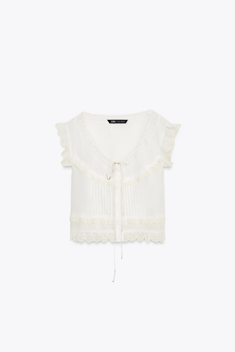 EMBROIDERED GAUZE BOW CROP TOP