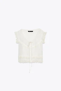 EMBROIDERED GAUZE BOW CROP TOP