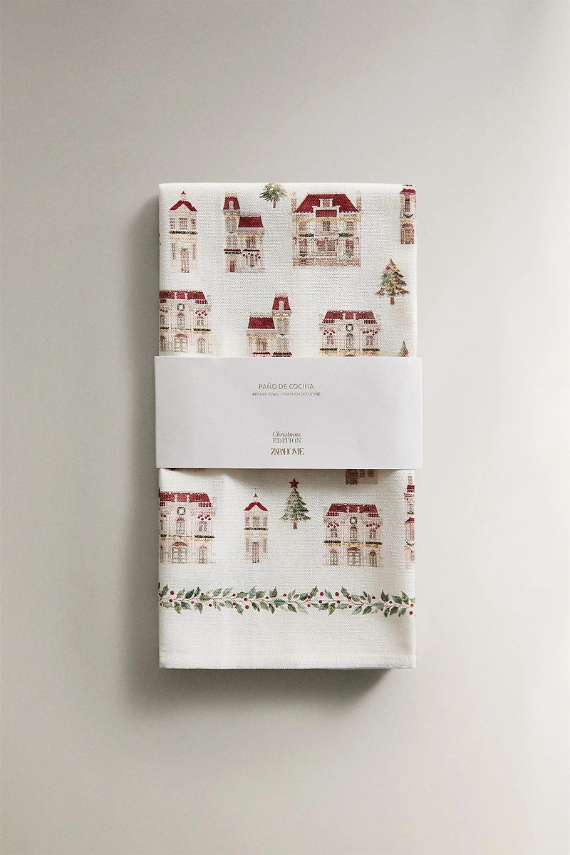 SET OF COTTON CHRISTMAS HOUSE KITCHEN TOWELS (SET OF 2)