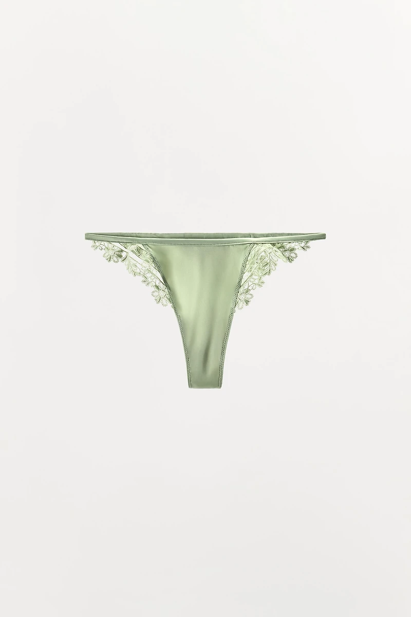EMBROIDERED SATIN EFFECT THONG