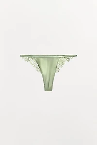 EMBROIDERED SATIN EFFECT THONG