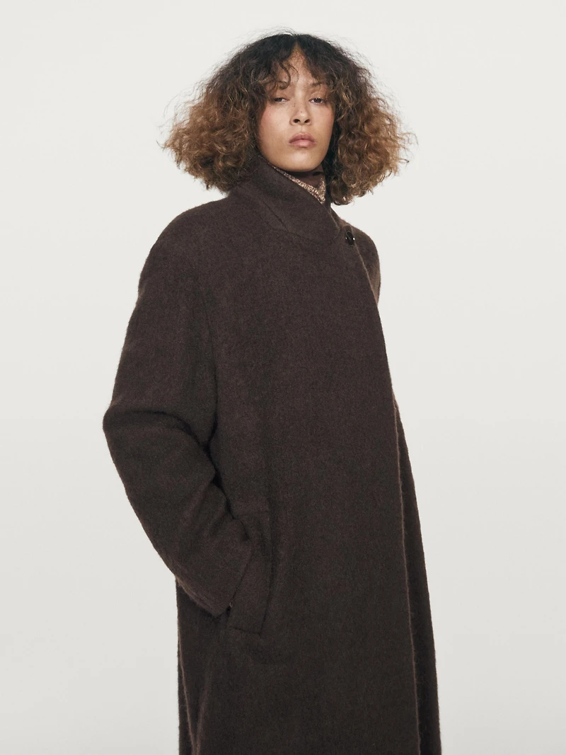 Long double-breasted coat with brushed finish