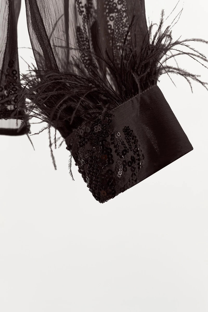 SEMI-SHEER SEQUIN FEATHER BLOUSE