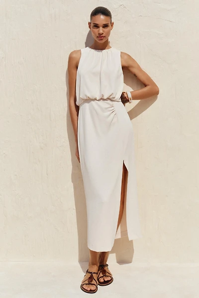 RUCHED WAIST MIDI DRESS
