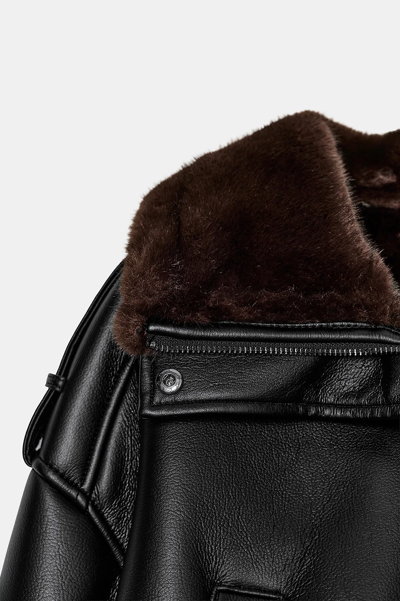 DOUBLE FACED FAUX LEATHER BOMBER JACKET