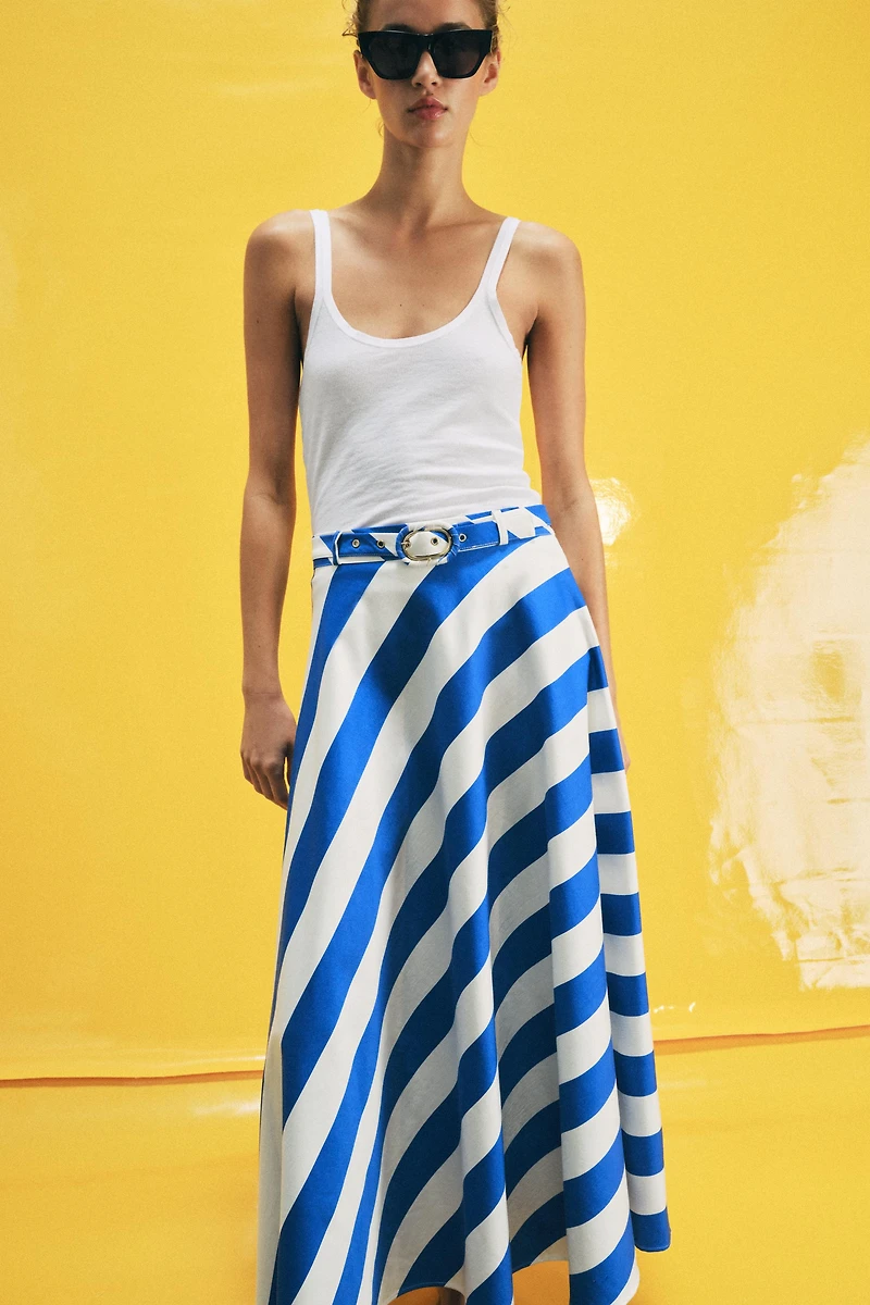 STRIPED MIDI SKIRT WITH BELT