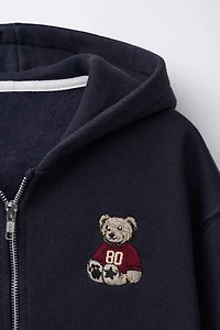 EMBROIDERED BEAR ZIP SWEATSHIRT