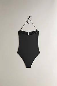 RUFFLED NECKLINE BEACH SWIMSUIT