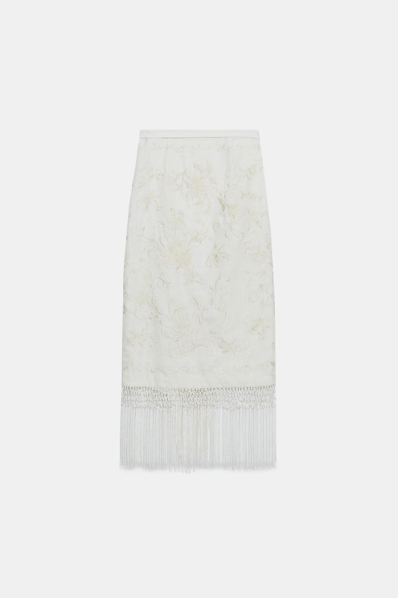 ZW COLLECTION 100% LINEN EMBROIDERED MIDI SKIRT