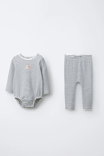DOG PRINT STRIPED BODYSUIT AND LEGGINGS SET