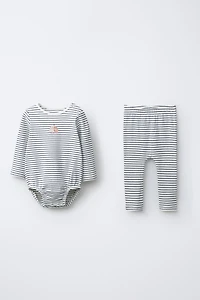 DOG PRINT STRIPED BODYSUIT AND LEGGINGS SET