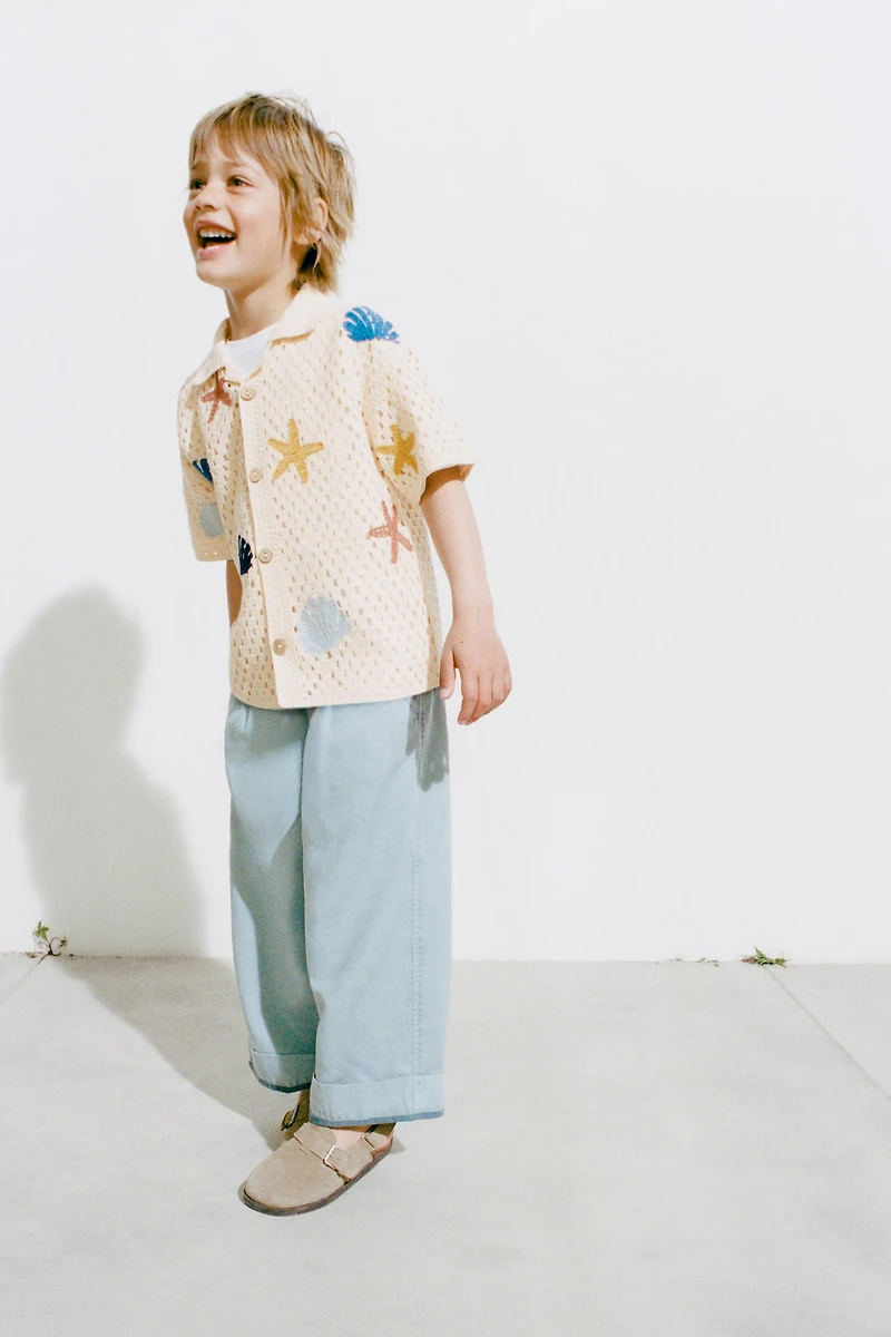 MARINE MOTIF CROCHET KNIT SHIRT