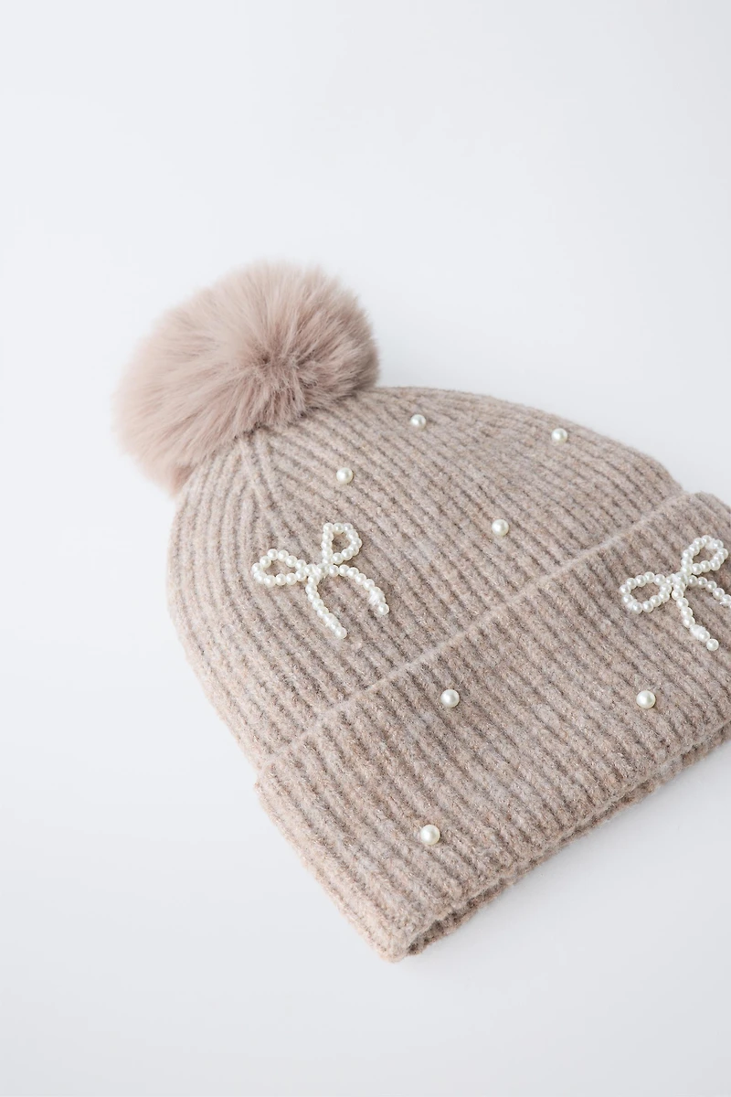 SPARKLY WOOL BLEND KNIT HAT WITH POMPOM