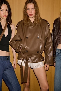 FAUX LEATHER SHORT TRENCH COAT