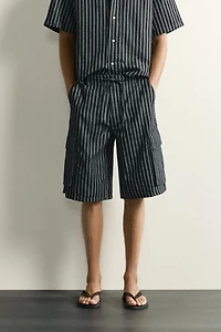 STRIPED COTTON-LINEN DENIM CARGO SHORTS