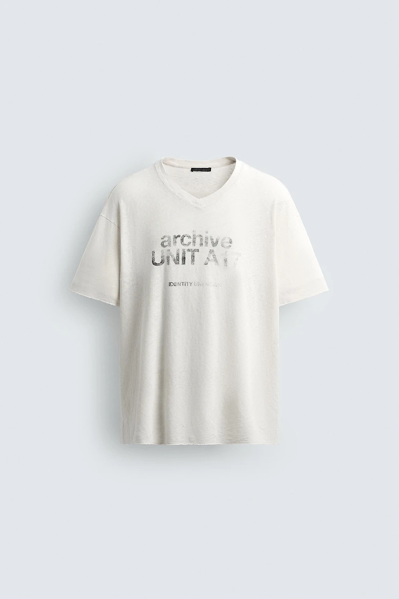 WASHED COTTON-LINEN T-SHIRT WITH TEXT