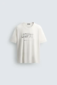 WASHED COTTON-LINEN T-SHIRT WITH TEXT