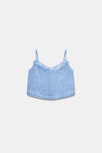 WASHED EFFECT EYELET EMBROIDERED TOP