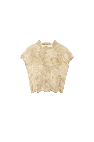 EMBROIDERED RUCHED KNIT TOP