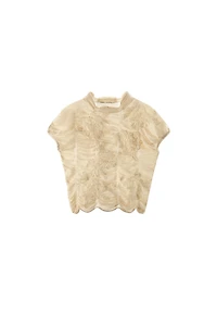 EMBROIDERED RUCHED KNIT TOP