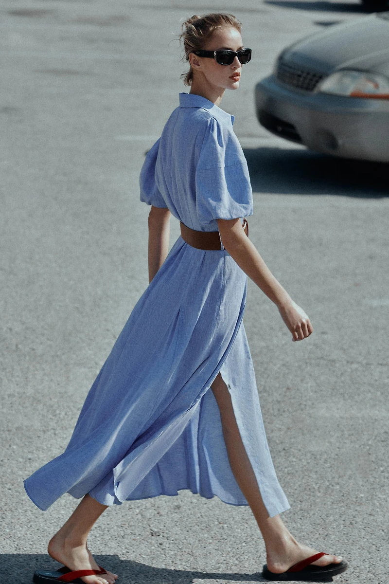 ROBE MI-LONGUE AVEC CEINTURE EN LIN