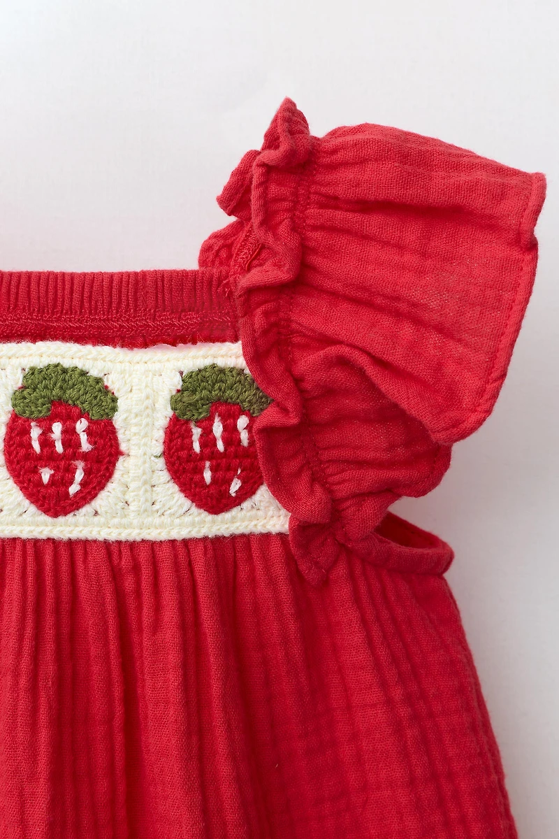 STRAWBERRY EMBROIDERED COTTON GAUZE ROMPER