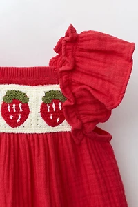 STRAWBERRY EMBROIDERED COTTON GAUZE ROMPER