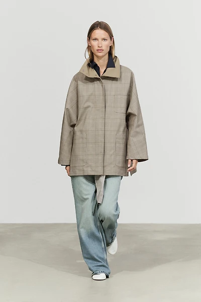 Cotton blend plaid high neck jacket