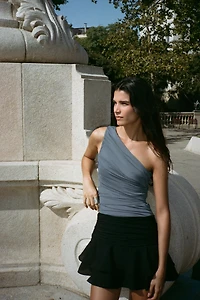 ASYMMETRIC DRAPED TULLE BODYSUIT