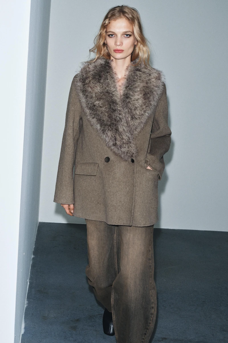 WOOL BLEND BLAZER WITH FAUX FUR COLLAR ZW COLLECTION