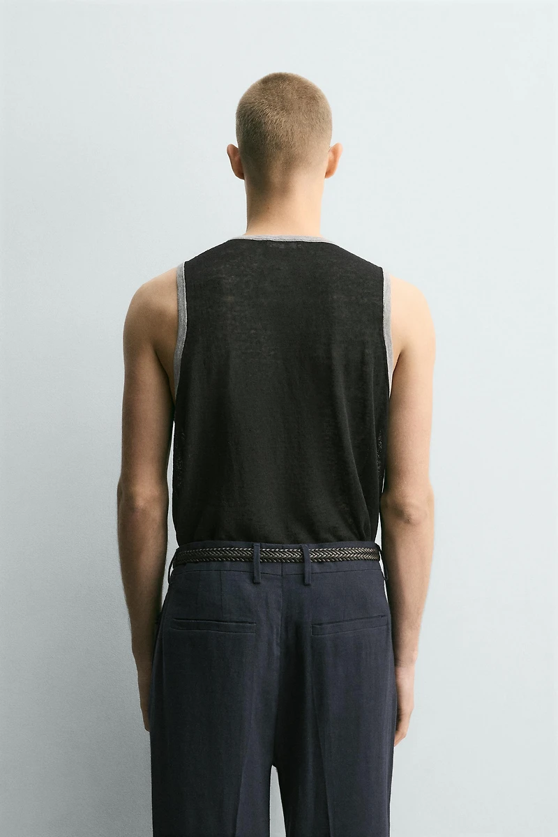 CONTRASTING LINEN BLEND KNIT TANK TOP