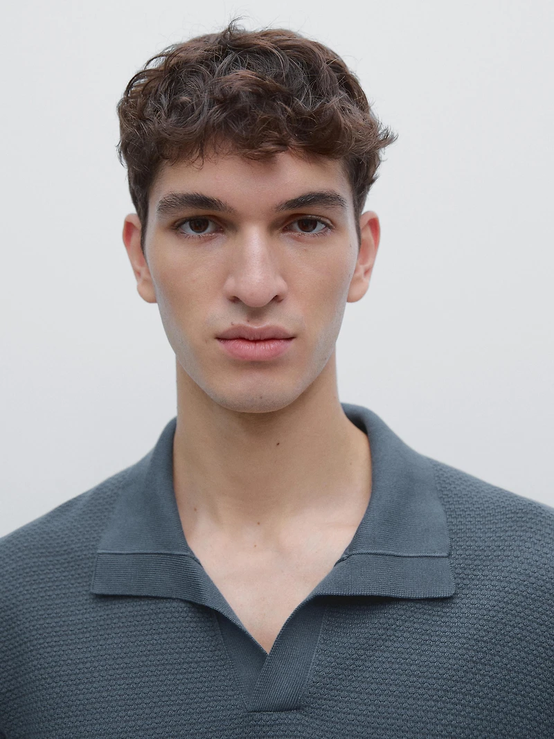 Textured knit V-neck polo shirt