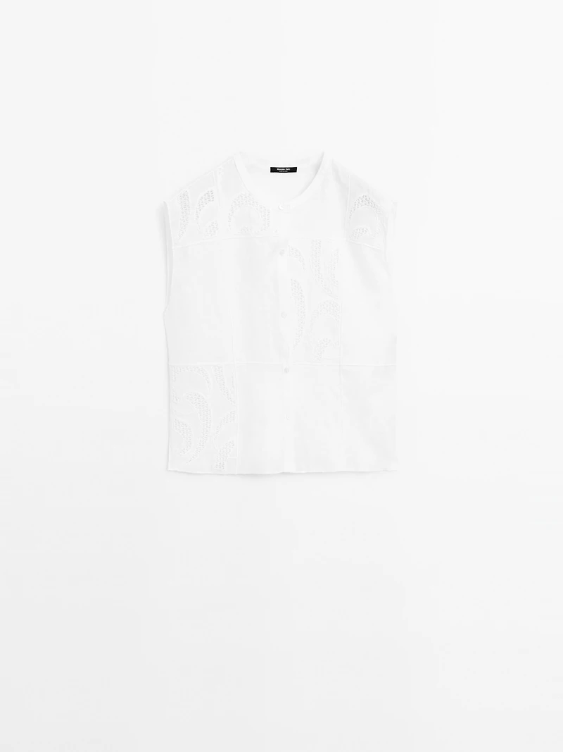 Linen blend crochet detail blouse