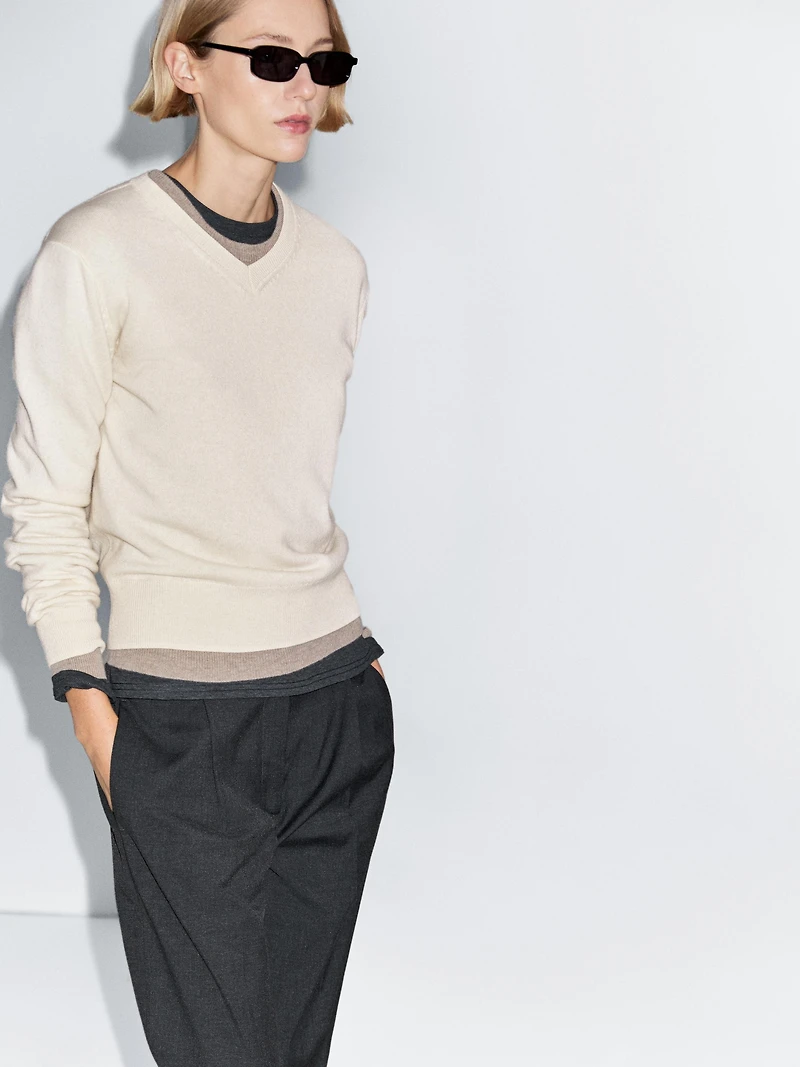 Wool blend knit V-neck sweater