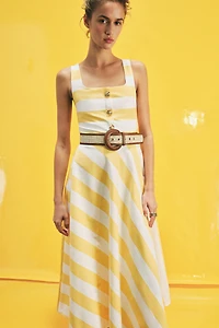 STRIPED BELTED MIDI DRESS