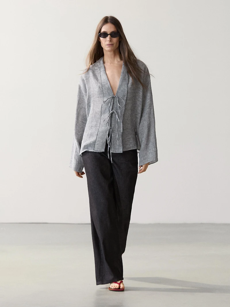 Linen blend blouse with tie details