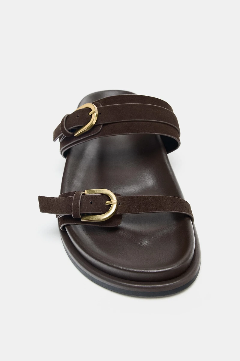 SUEDE BUCKLED SLIDE SANDALS