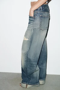 TRF MID-RISE RIPPED BAGGY FOLDED JEANS