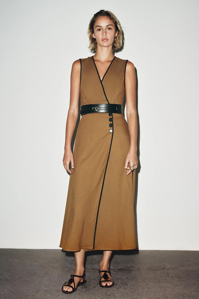 zara linen belted dress Zara - Linen Belted Midi Dress - Women - Navy Blue