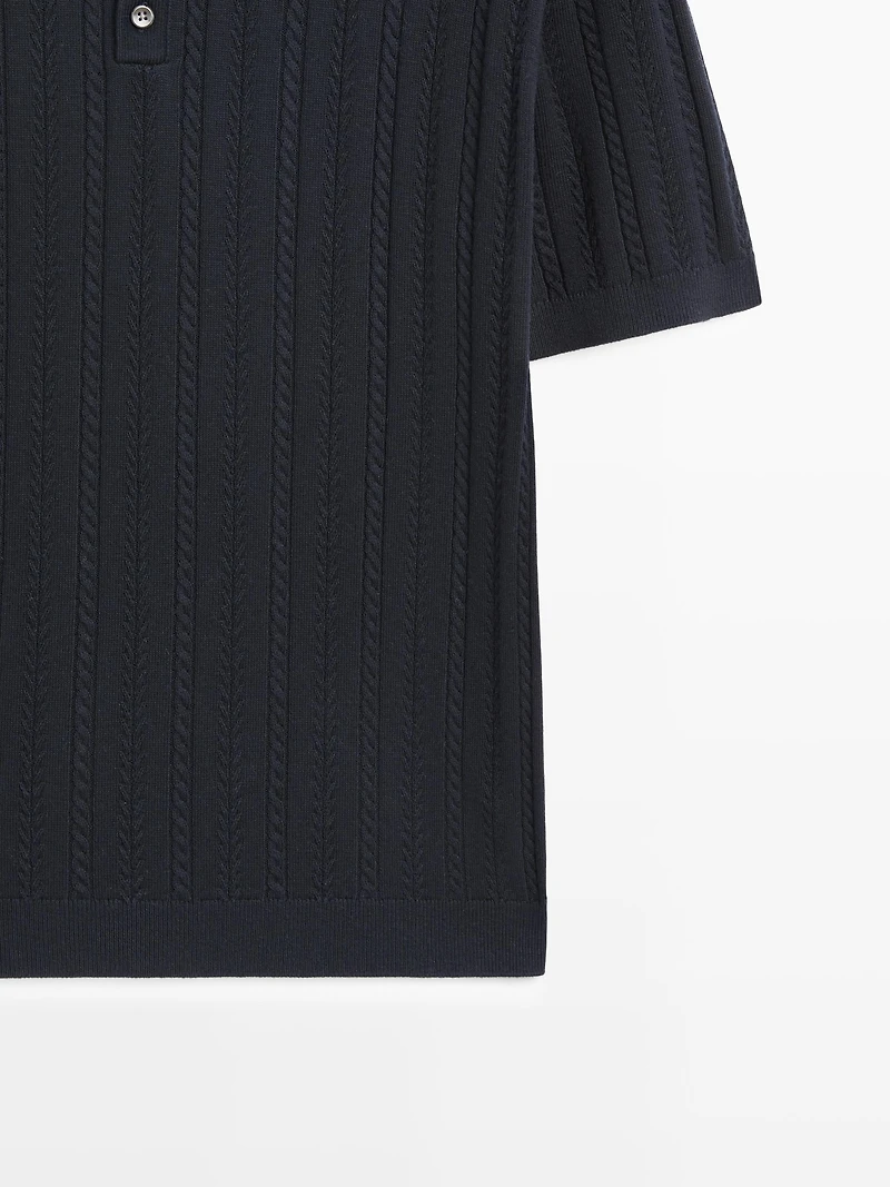 Cotton blend cable-knit polo sweater