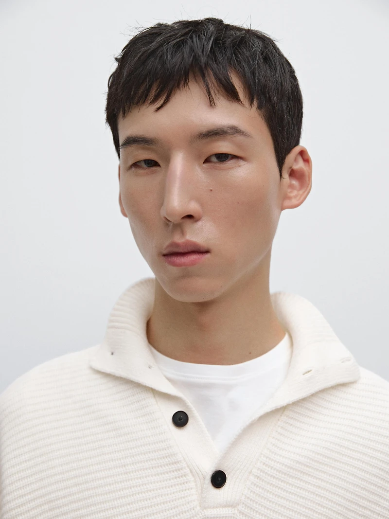 Knit sweater with mock button neck