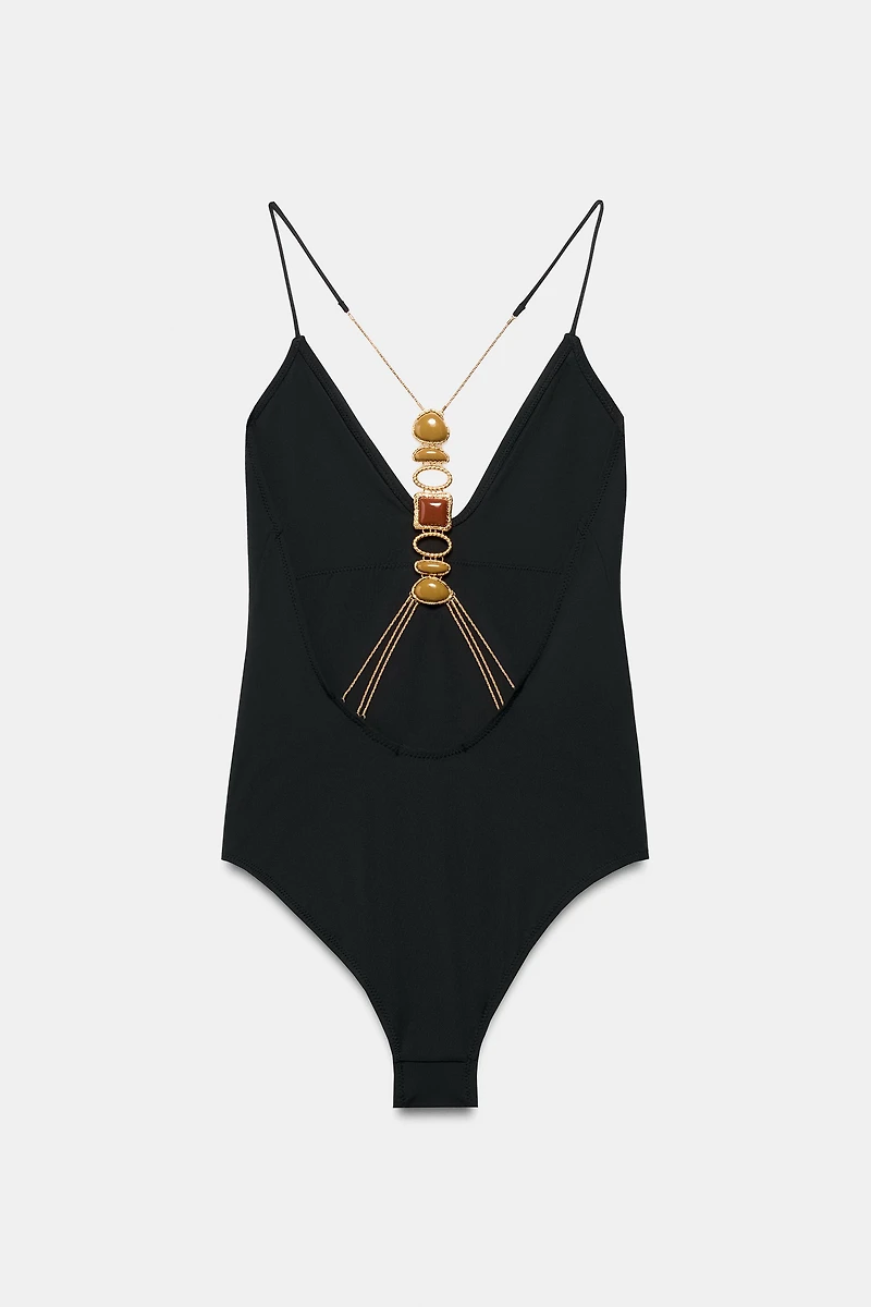 JEWELED SOLID SWIMSUIT