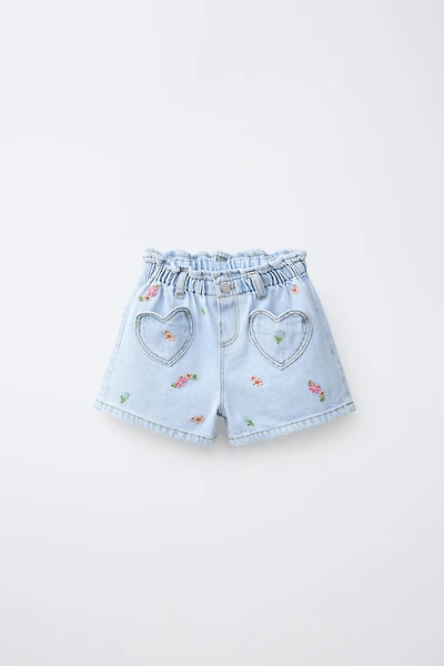 EMBROIDERED FLORAL DENIM PAPERBAG SHORTS